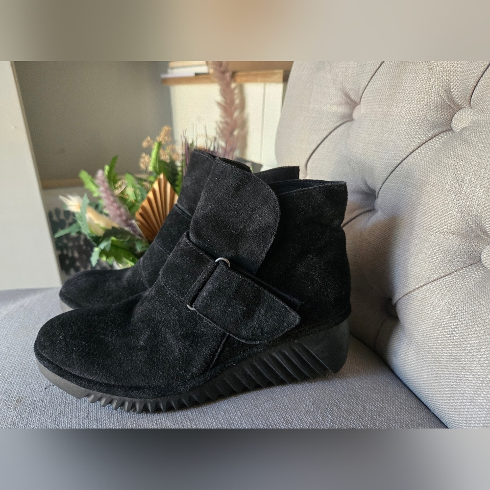 Fly London Labe Women’s Ankle Boots Black Faux Leather/Suede Wedge Size‎ 37(6.5)